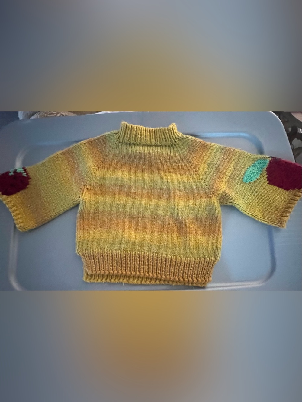 Unique hand knit cropped tee sweatshirt with apple & strawberry on the sleeves
